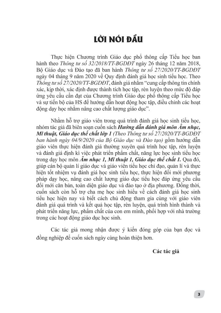 Hướng dẫn đánh giá lớp 1 - Môn: Âm Nhạc - Mĩ thuật - Giáo dục thể chất (Theo thông tư 27/2020/TT-BGDĐT ngày 04/09/2020 của Bộ Giáo dục và Đào tạo)