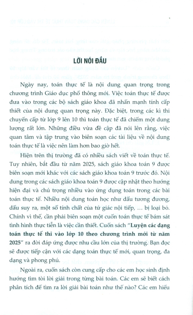 LUYỆN CÁC DẠNG TOÁN THỰC TẾ THI VÀO LỚP 10 THEO CHƯƠNG TRÌNH MỚI TỪ NĂM 2025 (Dùng cho các bộ SGK hiện hành)