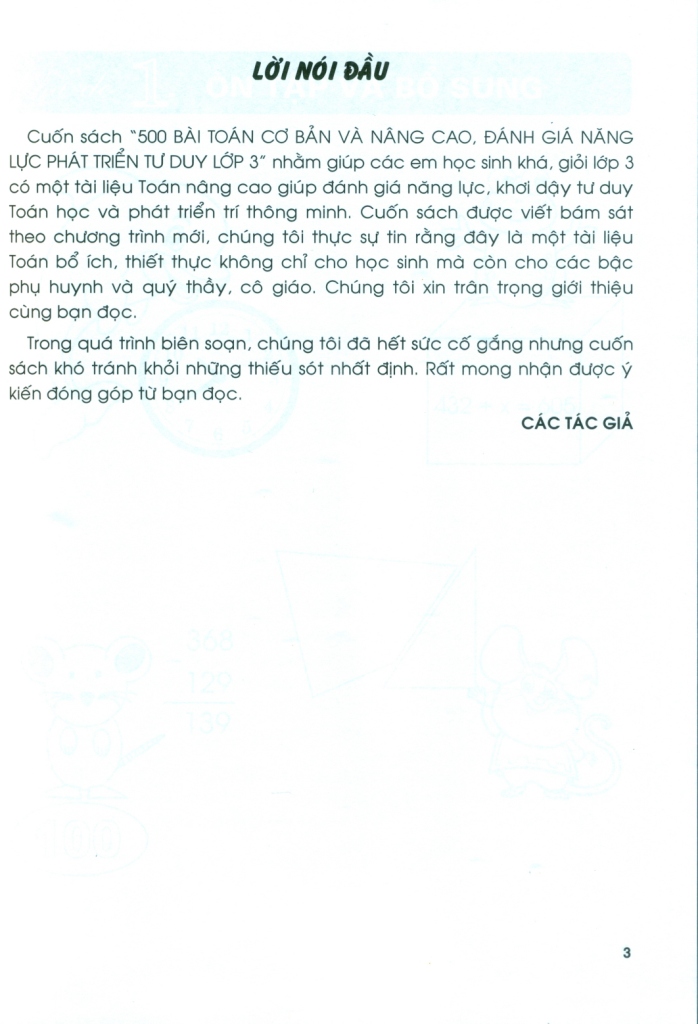 500 BÀI TOÁN CƠ BẢN VÀ NÂNG CAO LỚP 3 (Đánh giá năng lực phát triển tư duy; Theo chương trình GDPT mới)