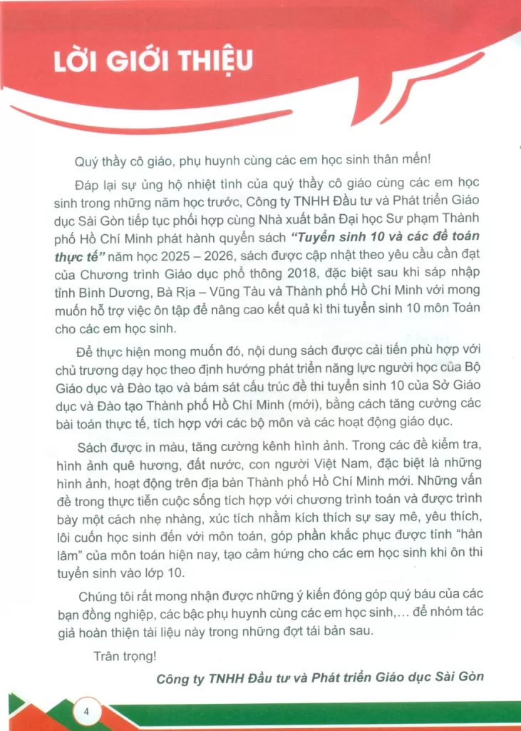 TUYỂN SINH 10 VÀ CÁC ĐỀ TOÁN THỰC TẾ (Bám sát cấu trúc đề thi của TP. HCM năm học 2025 - 2026; Theo Chương trình GDPT 2018)