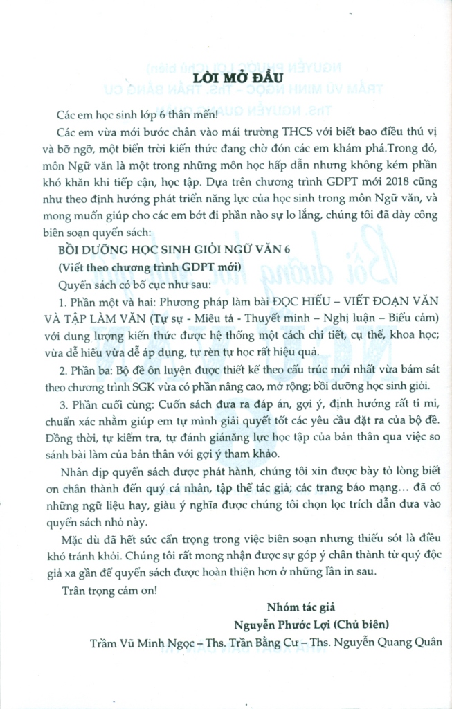 BỒI DƯỠNG HỌC SINH GIỎI NGỮ VĂN LỚP 6 (Theo chương trình GDPT mới)