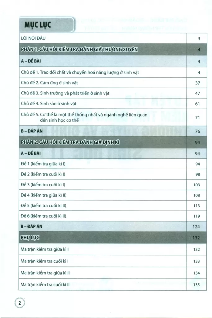 LUYỆN TẬP KIỂM TRA, ĐÁNH GIÁ THƯỜNG XUYÊN VÀ ĐỊNH KÌ SINH HỌC LỚP 11 (Theo Chương trình GDPT 2018)