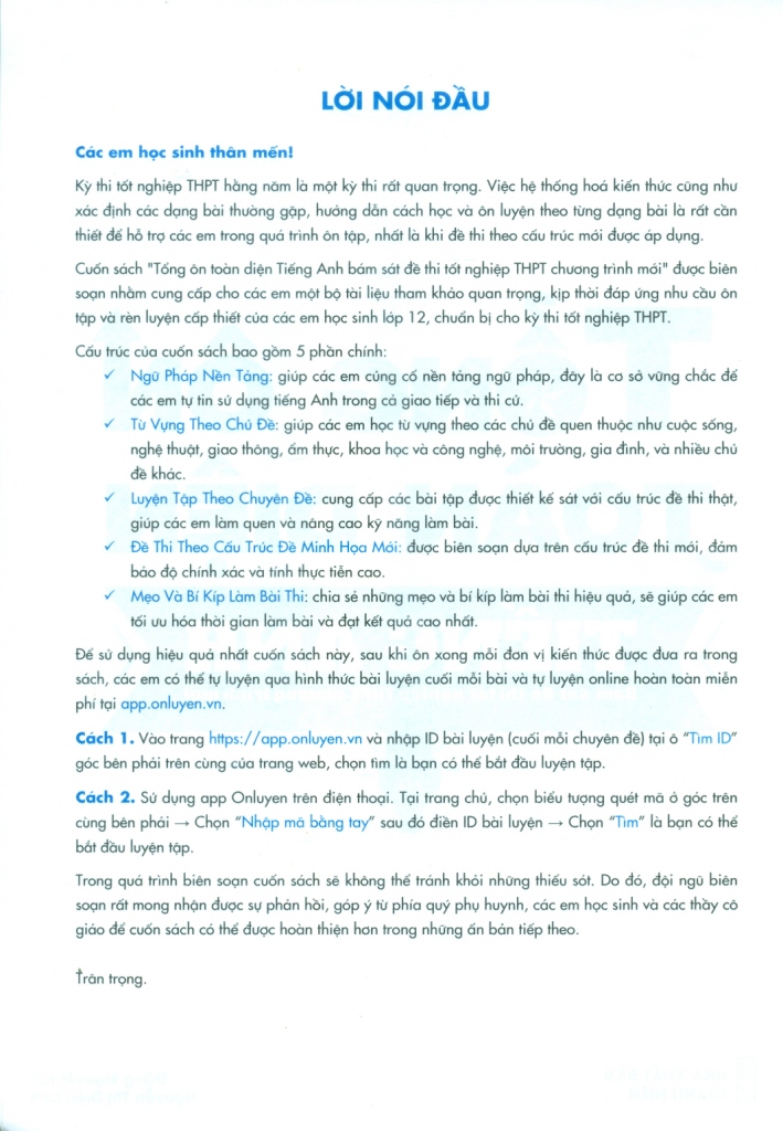 TỔNG ÔN TOÀN DIỆN TIẾNG ANH (Bám sát đề thi tốt nghiệp THPT chương trình mới)