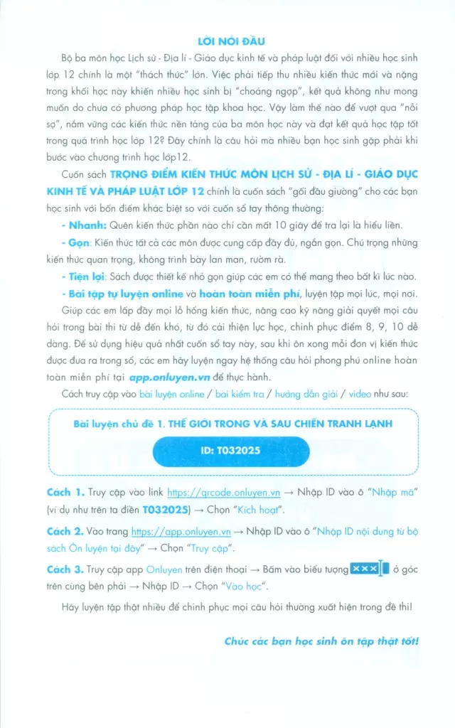 TRỌNG ĐIỂM KIẾN THỨC LỚP 12 MÔN LỊCH SỬ - ĐỊA LÍ - GIÁO DỤC KINH TẾ VÀ PHÁP LUẬT (Bám sát nội dung chương trình SGK mới)