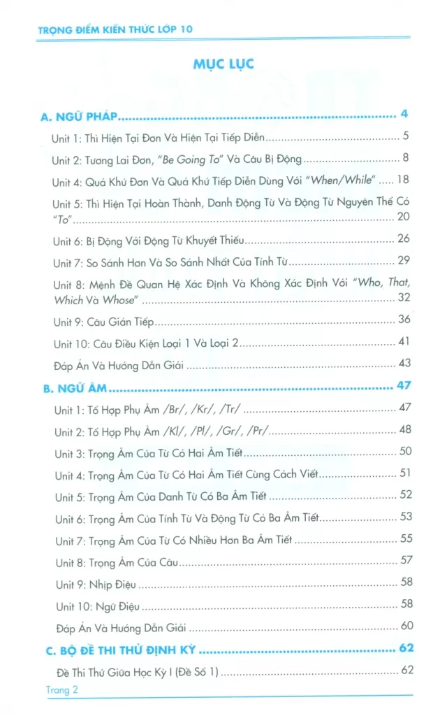TRỌNG ĐIỂM KIẾN THỨC LỚP 10 MÔN ANH (Định hướng nội dung chuẩn theo chương trình SGK mới)