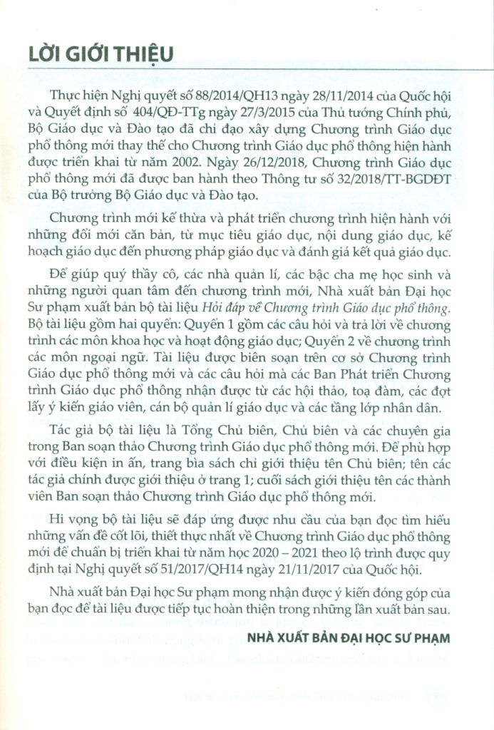 HỎI ĐÁP VỀ CHƯƠNG TRÌNH GIÁO DỤC PHỔ THÔNG - Quyền 1: Các câu hỏi và trả lời về chương trình các môn khoa học và hoạt động giáo dục