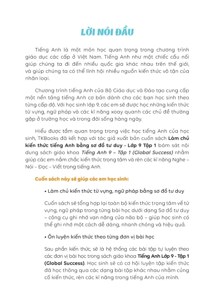 LÀM CHỦ KIẾN THỨC TIẾNG ANH BẰNG SƠ ĐỒ TƯ DUY LỚP 9 - Tập 1 (Theo SGK Tiếng Anh Global Success)