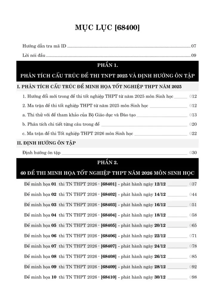60 ĐỀ MINH HỌA TỐT NGHIỆP THPT 2026 MÔN SINH HỌC
