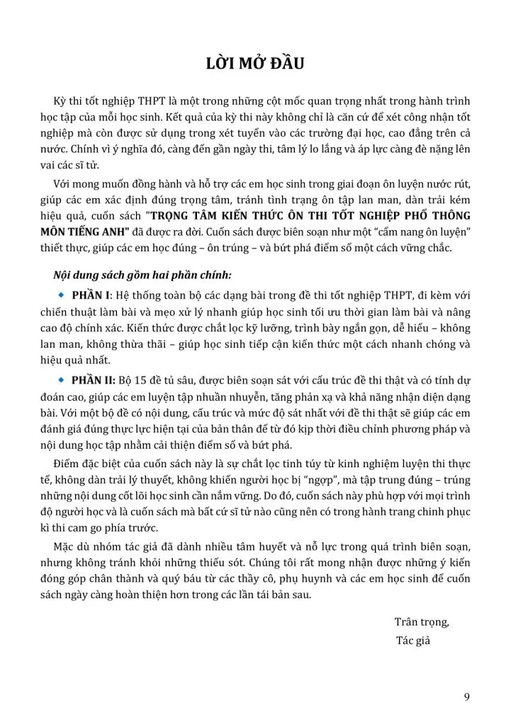 TRỌNG TÂM KIẾN THỨC ÔN THI TỐT NGHIỆP PHỔ THÔNG MÔN TIẾNG ANH