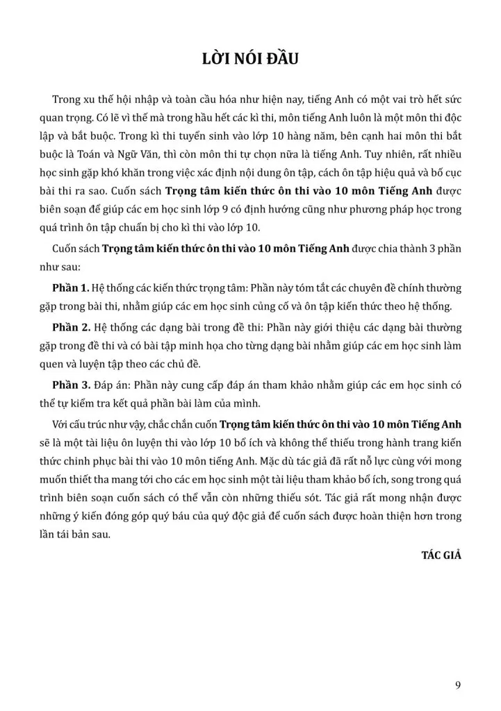 TRỌNG TÂM KIẾN THỨC ÔN THI VÀO 10 MÔN TIẾNG ANH (Hệ thống hóa lí thuyết trọng tâm, ngắn gọn, dễ hiểu bám sát các dạng bài trong đề thi vào 10 theo chương trình mới; 100% câu hỏi có lời giải chi tiết)