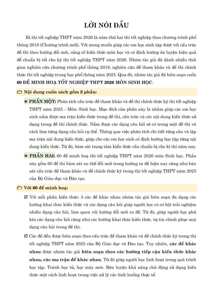 60 ĐỀ MINH HỌA TỐT NGHIỆP THPT 2026 MÔN SINH HỌC