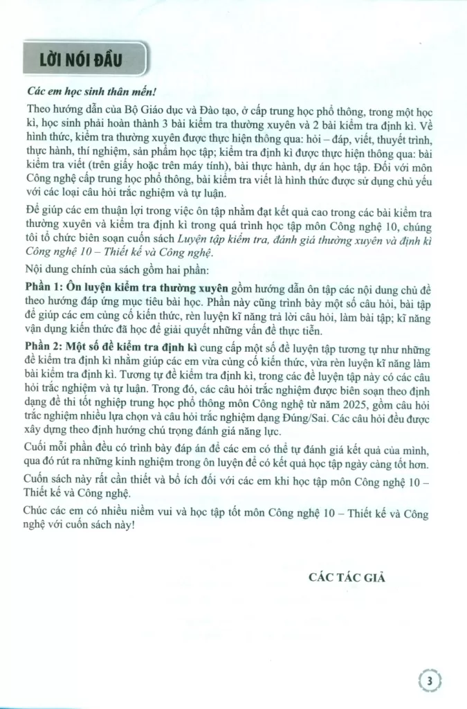 LUYỆN TẬP KIỂM TRA, ĐÁNH GIÁ THƯỜNG XUYÊN VÀ ĐỊNH KÌ CÔNG NGHỆ LỚP 10 - THIẾT KẾ VÀ CÔNG NGHỆ (Theo Chương trình GDPT 2018)