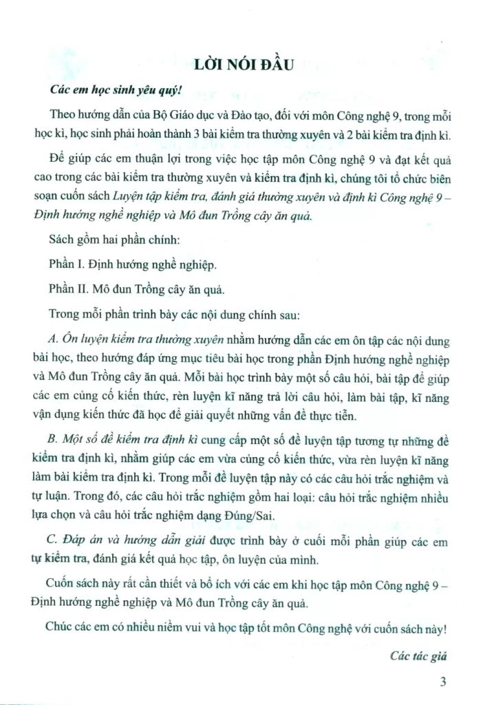 LUYỆN TẬP KIỂM TRA, ĐÁNH GIÁ THƯỜNG XUYÊN VÀ ĐỊNH KÌ CÔNG NGHỆ LỚP 9 - ĐỊNH HƯỚNG NGHỀ NGHIỆP MÔ ĐUN TRỒNG CÂY ĂN QUẢ (Theo Chương trình GDPT 2018)