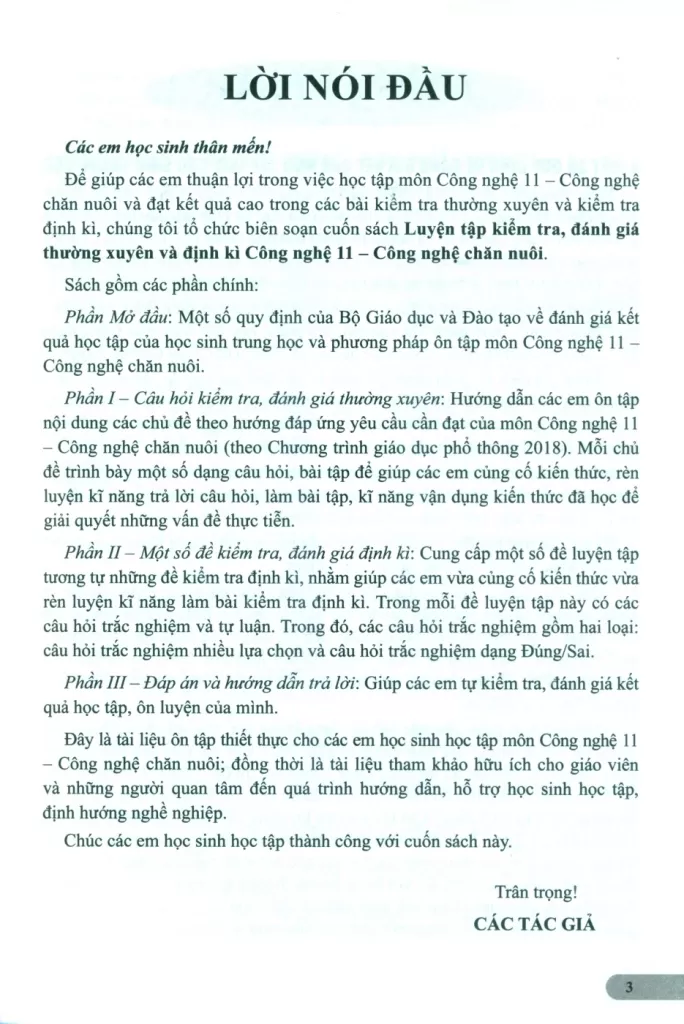 LUYỆN TẬP KIỂM TRA, ĐÁNH GIÁ THƯỜNG XUYÊN VÀ ĐỊNH KÌ CÔNG NGHỆ LỚP 11 - CÔNG NGHỆ CHĂN NUÔI (Theo Chương trình GDPT 2018)