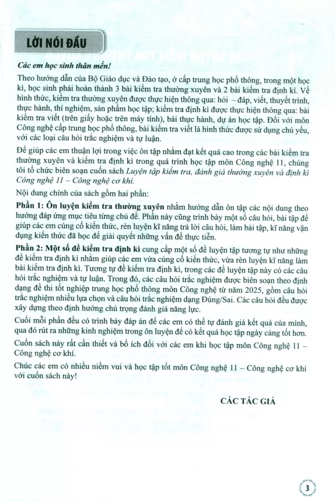 LUYỆN TẬP KIỂM TRA, ĐÁNH GIÁ THƯỜNG XUYÊN VÀ ĐỊNH KÌ CÔNG NGHỆ LỚP 11 - CÔNG NGHỆ CƠ KHÍ (Theo Chương trình GDPT 2018)