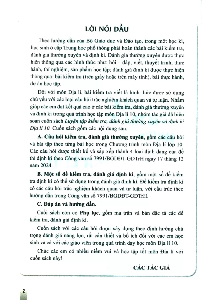 LUYỆN TẬP KIỂM TRA, ĐÁNH GIÁ THƯỜNG XUYÊN VÀ ĐỊNH KÌ ĐỊA LÍ LỚP 10 (Theo Chương trình GDPT 2018)