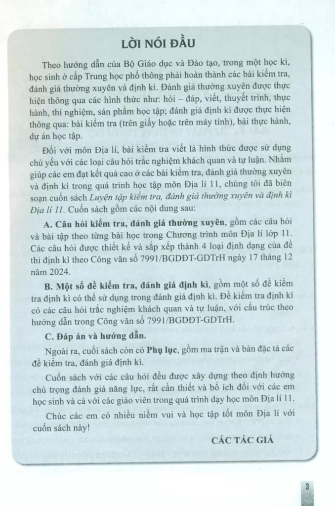 LUYỆN TẬP KIỂM TRA, ĐÁNH GIÁ THƯỜNG XUYÊN VÀ ĐỊNH KÌ ĐỊA LÍ LỚP 11 (Theo Chương trình GDPT 2018)