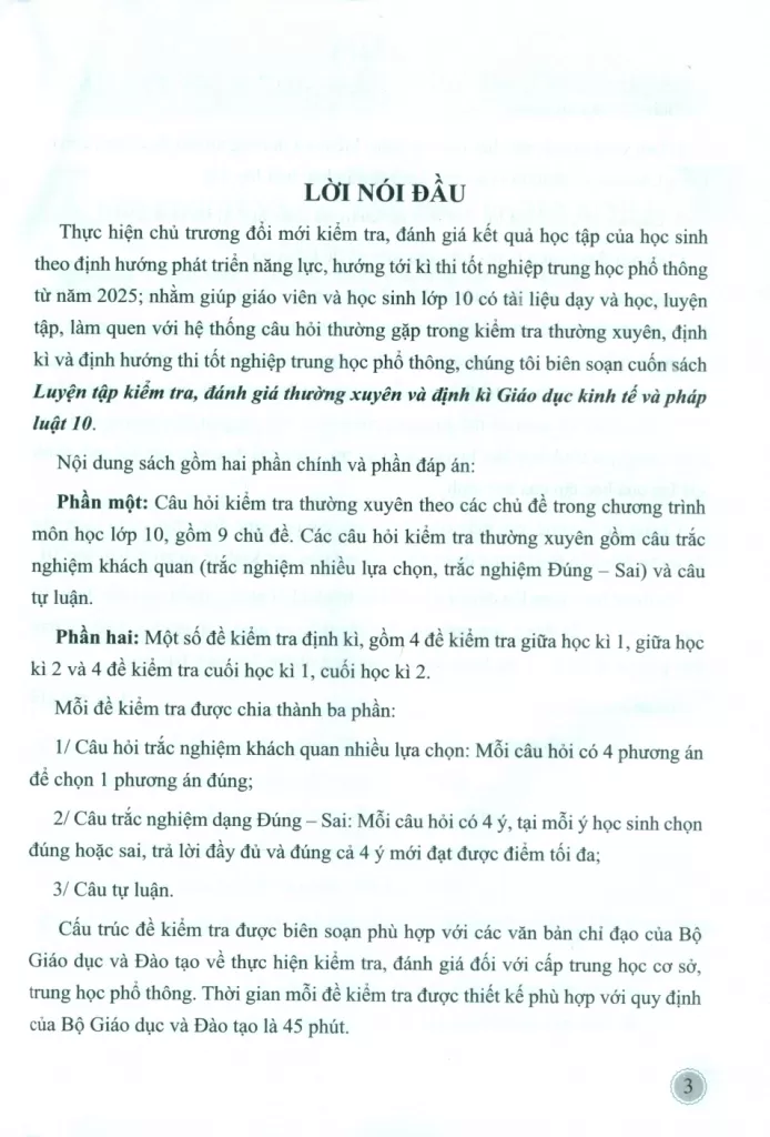 LUYỆN TẬP KIỂM TRA, ĐÁNH GIÁ THƯỜNG XUYÊN VÀ ĐỊNH KÌ GIÁO DỤC KINH TẾ VÀ PHÁP LUẬT LỚP 10 (Theo Chương trình GDPT 2018)