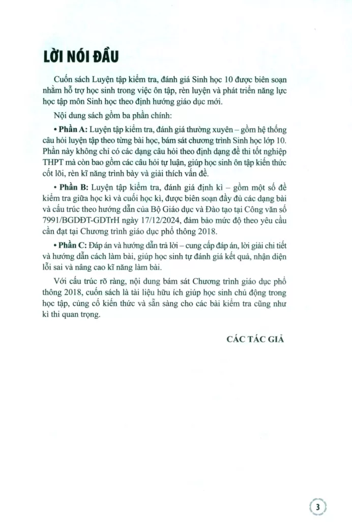 LUYỆN TẬP KIỂM TRA, ĐÁNH GIÁ THƯỜNG XUYÊN VÀ ĐỊNH KÌ SINH HỌC LỚP 10 (Theo Chương trình GDPT 2018)
