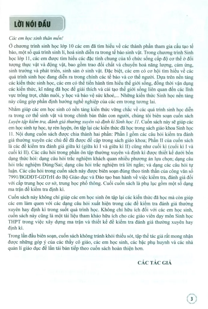 LUYỆN TẬP KIỂM TRA, ĐÁNH GIÁ THƯỜNG XUYÊN VÀ ĐỊNH KÌ SINH HỌC LỚP 11 (Theo Chương trình GDPT 2018)