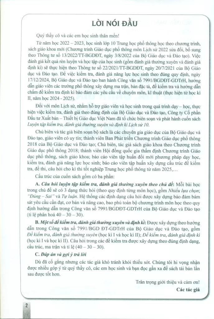 LUYỆN TẬP KIỂM TRA, ĐÁNH GIÁ THƯỜNG XUYÊN VÀ ĐỊNH KÌ LỊCH SỬ LỚP 10 (Theo Chương trình GDPT 2018)