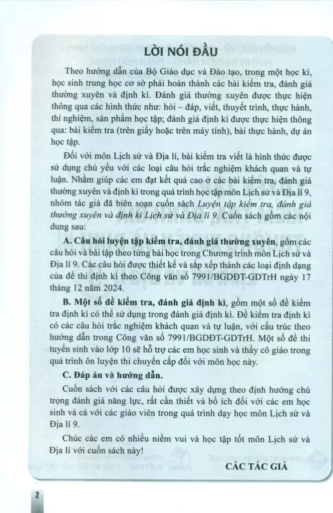 LUYỆN TẬP KIỂM TRA, ĐÁNH GIÁ THƯỜNG XUYÊN VÀ ĐỊNH KÌ LỊCH SỬ VÀ ĐỊA LÍ LỚP 9 (Theo Chương trình GDPT 2018)