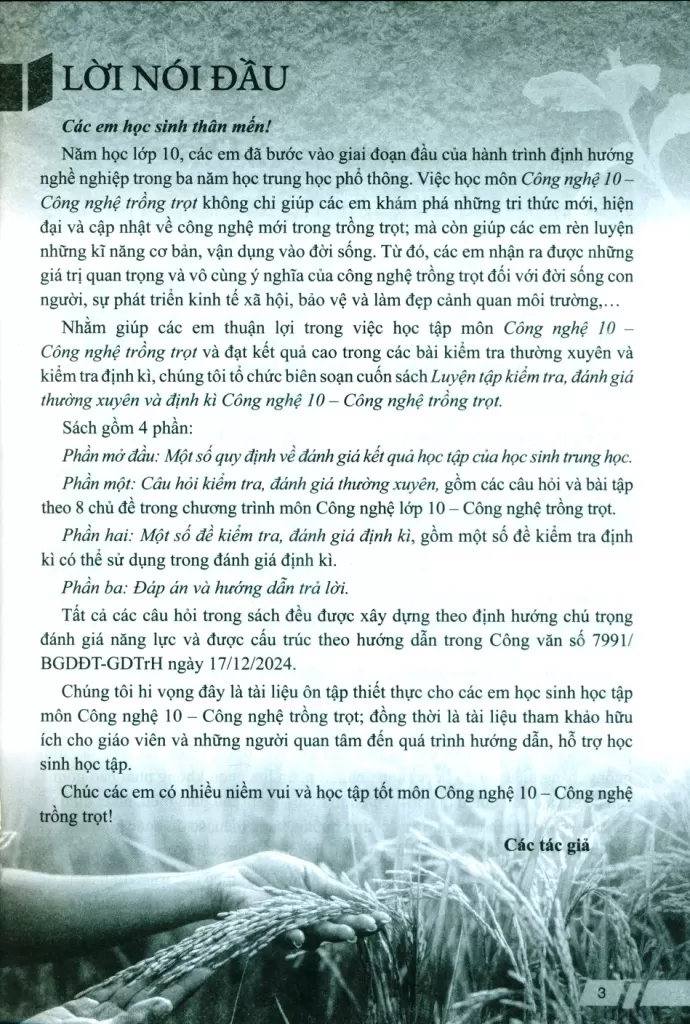 LUYỆN TẬP KIỂM TRA, ĐÁNH GIÁ THƯỜNG XUYÊN VÀ ĐỊNH KÌ CÔNG NGHỆ LỚP 10 - CÔNG NGHỆ TRỒNG TRỌT (Theo Chương trình GDPT 2018)