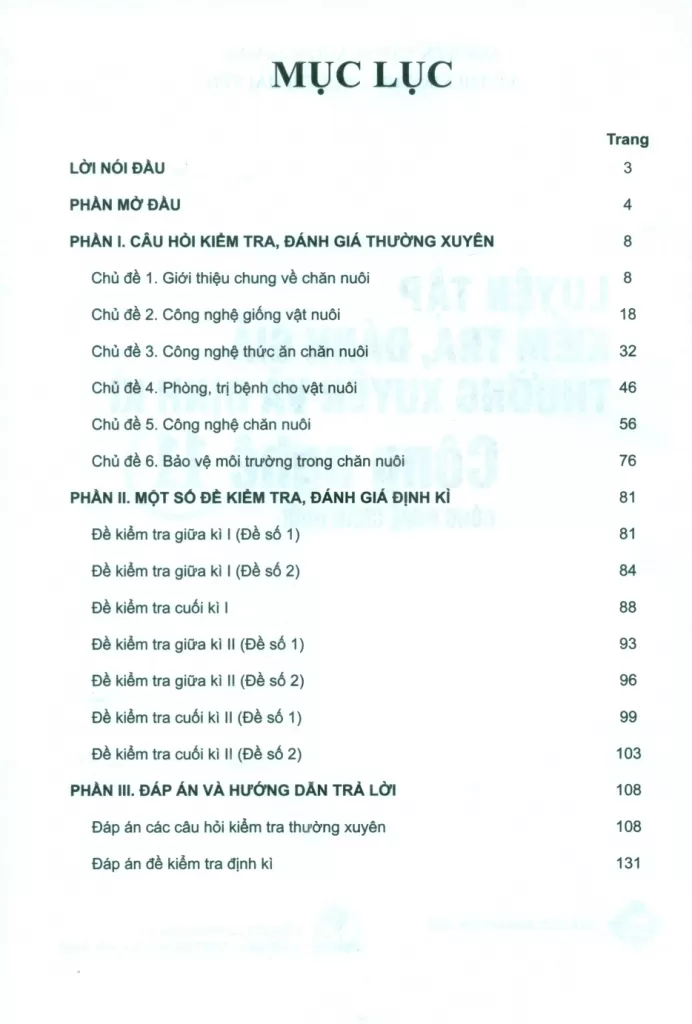 LUYỆN TẬP KIỂM TRA, ĐÁNH GIÁ THƯỜNG XUYÊN VÀ ĐỊNH KÌ CÔNG NGHỆ LỚP 11 - CÔNG NGHỆ CHĂN NUÔI (Theo Chương trình GDPT 2018)
